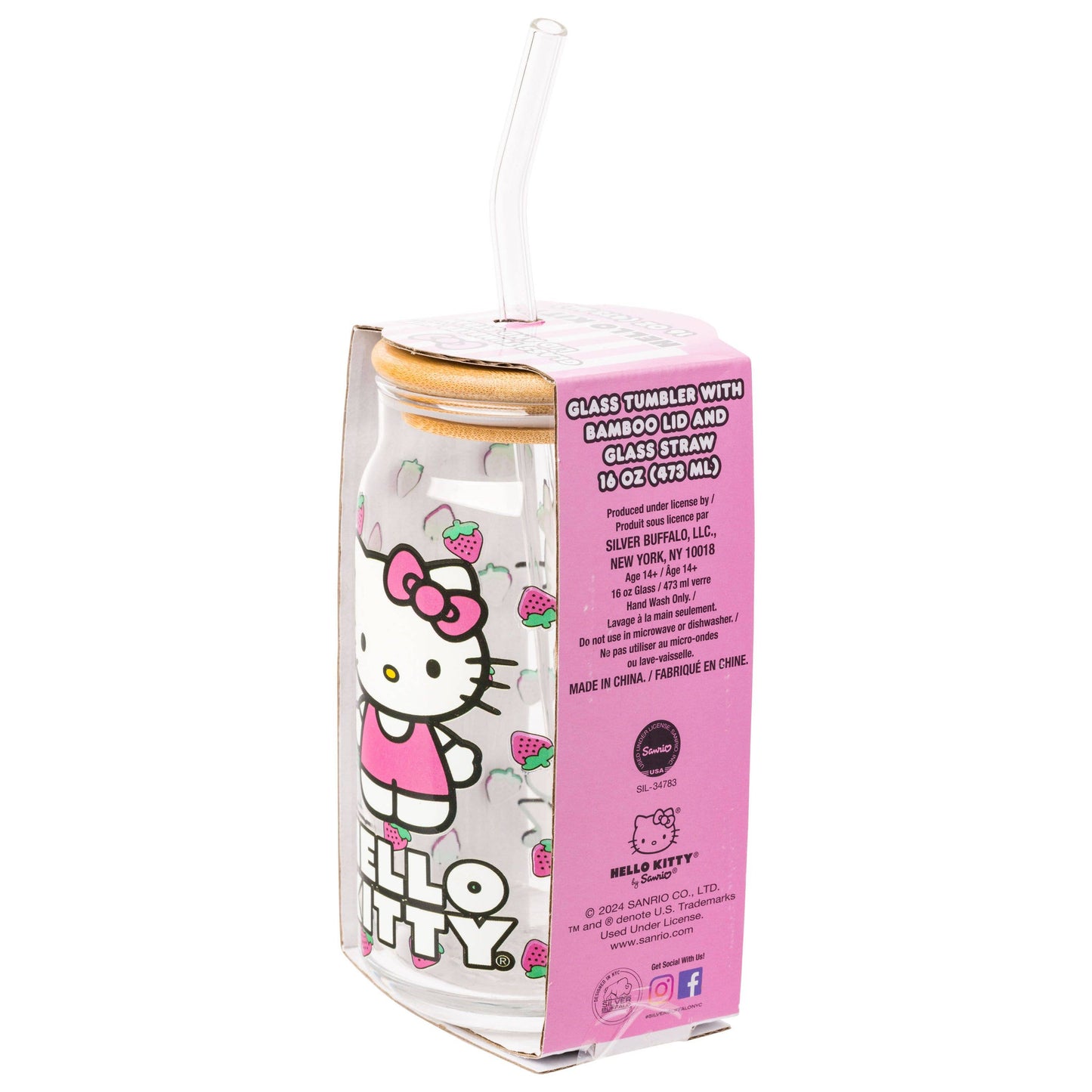 Hello Kitty Strawberry Toss 16oz Glass Tumbler w/ Bamboo Lid