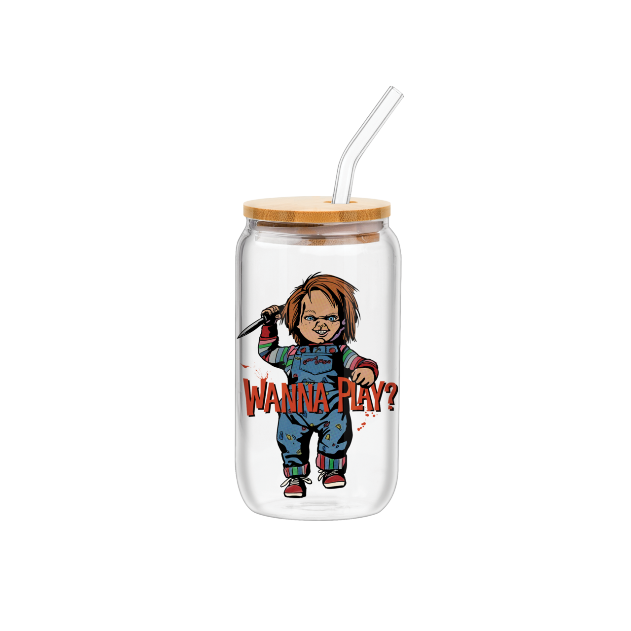 CHUCKY WANNA PLAY 16oz Glass Tumbler w/ Bamboo Lid & Straw
