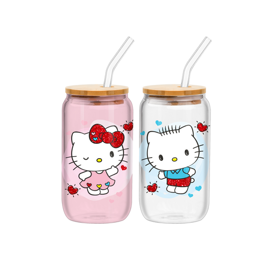 Hello Kitty V-Day Heart Glitter 2pk 16oz Glass Tumbler