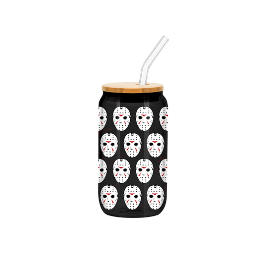Friday the 13th Jason Mask Pattern Black 16oz Glass Tumbler