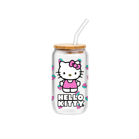 Hello Kitty Strawberry Toss 16oz Glass Tumbler w/ Bamboo Lid
