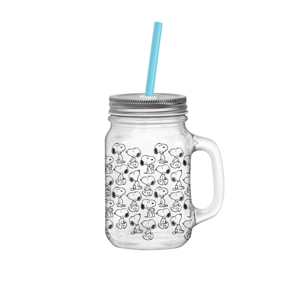 Peanuts Snoopy Pattern 21oz Glass Mason Jar w Lid and Straw