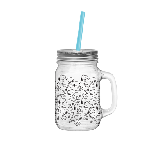 Peanuts Snoopy Pattern 21oz Glass Mason Jar w Lid and Straw